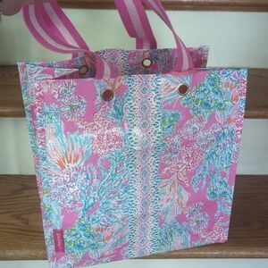 Lilly Pulitzer Pink Floral Patterned Tote with Striped Handles